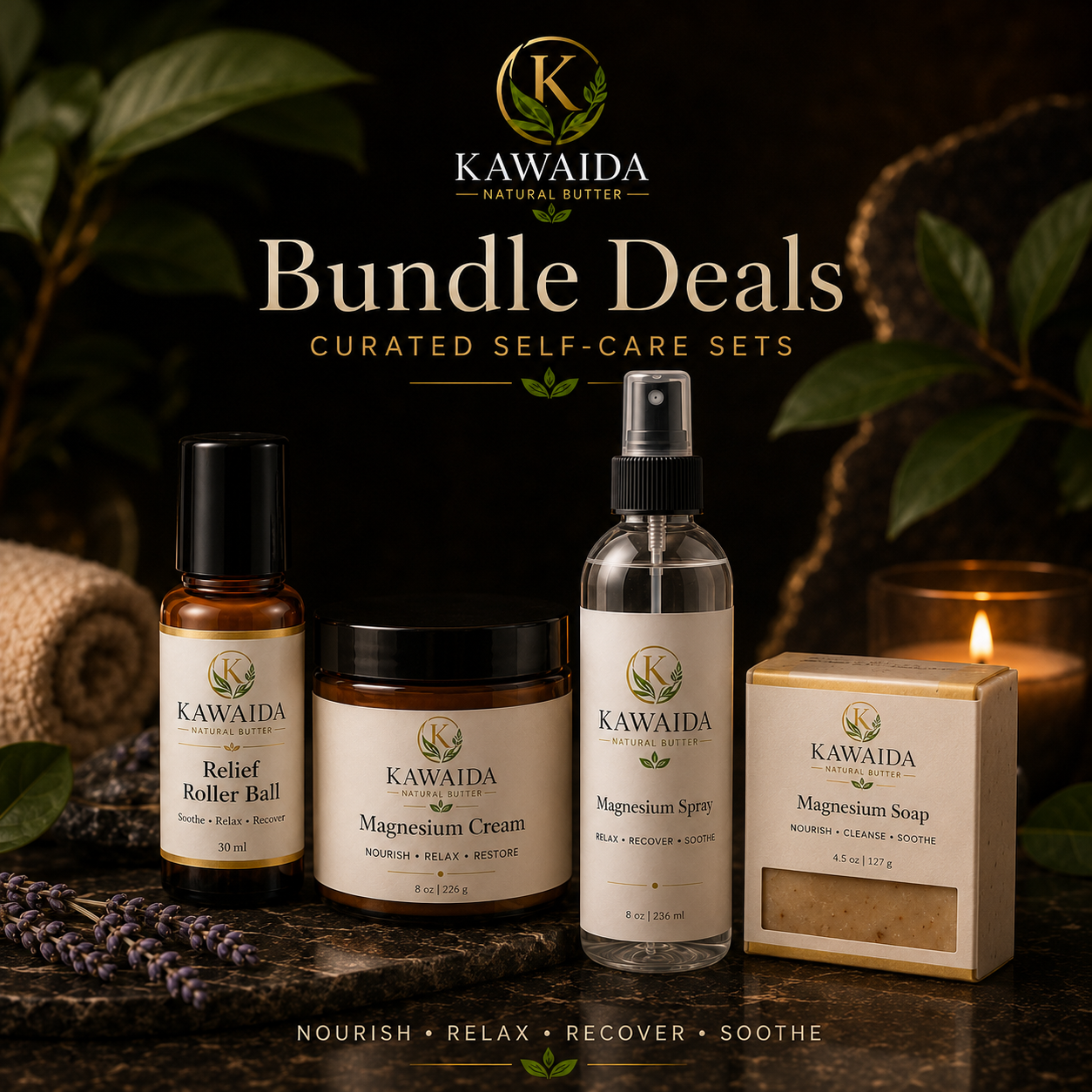 Magnesium Relief Bundle – Cream, Spray, Soap & Roller Ball